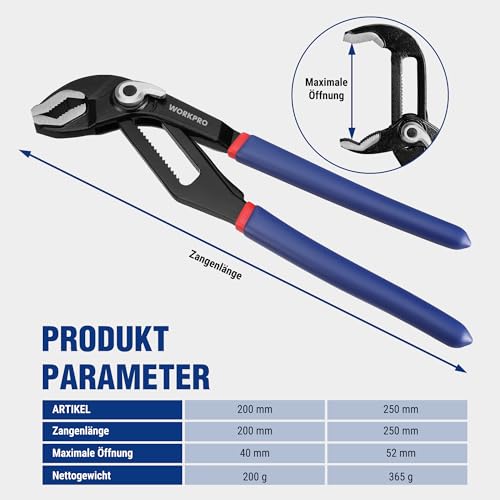 WORKPRO Water Pump Pliers, 200mm (8") and 250mm (10"), 46mm Jaw Capacity, Adjustable Grips and Slip Joint Plier Set, 2-Piece
