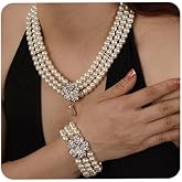Aimimier 1920s Vintage Faux Pearl Choker Necklace Earrings and Bracelet Jewelry Set Multi-Strand Pearl Necklace with Flower Brooch for Women