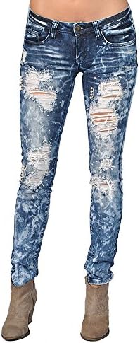 Machine Ripped Faux Pearl Medium Wash Skinny Denim High Fashion Jeans