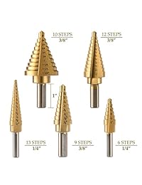 CO-Z HSS Juego de 5 brocas de titanio con punzón central automático, 50 tamaños en 5 brocas de acero de alta velocidad para hoja de metal con carcasa de aluminio, múltiples agujeros escalonados para amantes de bricolaje