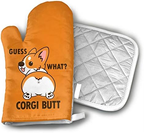 Cute Corgi Butt Oven Mitts and Pot Holders Set with Polyester Cotton Non-Slip Grip, Heat Resistant, Oven Gloves for BBQ Cooking Baking, Grilling