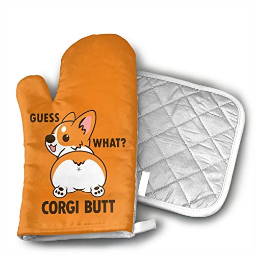 Cute Corgi Butt Oven Mitts and Pot Holders Set with Polyester Cotton Non-Slip Grip, Heat Resistant, Oven Gloves for BBQ Cooking Baking, Grilling
