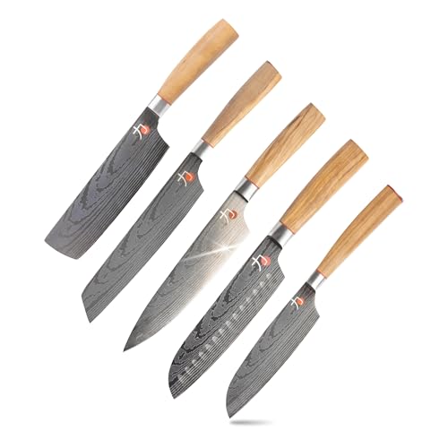 MasterPro Tetsu | Cuchillos de Cocina | Set Completo de 5 Cuchillos Japoneses | Perfecto para Cortar Todo Tipo de Alimentos | Cocina Profesional | Mango de Madera de Olivo