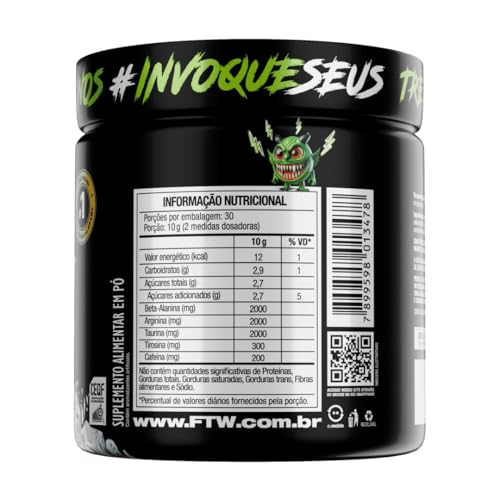 FTW Pré-Treino Diabo Verde em Pó com Cafeína, Aminoácidos Beta‑Alanina e Arginina para Treinos e Atividades Físicas - Pote 300 g (Sabor: Black Ice)