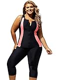 Cfanny Women's Plus Size Color Block Zipper Front Tankini Sports 2PC Swimsuit