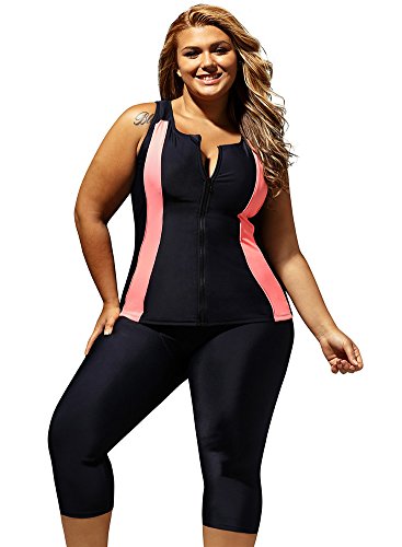 Cfanny Women's Plus Size Color Block Zipper Front Tankini Sports 2PC Swimsuit Cfanny Women's Plus Size Color Block Zipper Front Tankini Sports 2PC Swimsuit