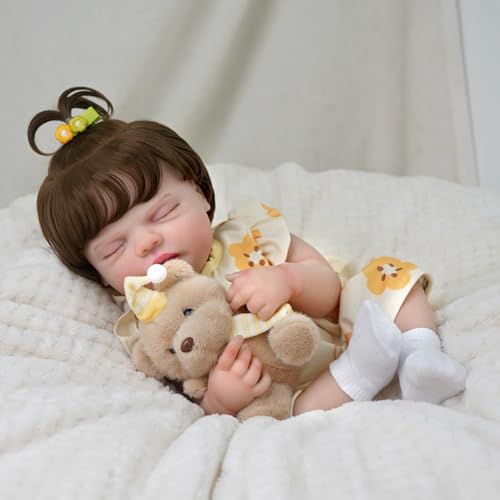 Bebê Reborn Boneca Realista Corpo de Silicone Menina Com Um Ursinho Fofo Cabelo Implantado Realista Original Pintada Corpo Pode dar Banho Dormindo de olhos fechados 48cm