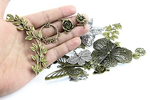 Kinteshun Butterfly Flower Leaf Charm Pendant for DIY Jewelry Making Accessaries(29pcs,Silver&Bronze Tones)