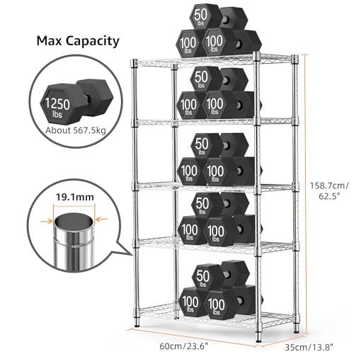M MZG 5 Tier Heavy Duty Steel Shelving Unit Wire Organizer for Home Kitchen Office Chrome 35x60x159cm