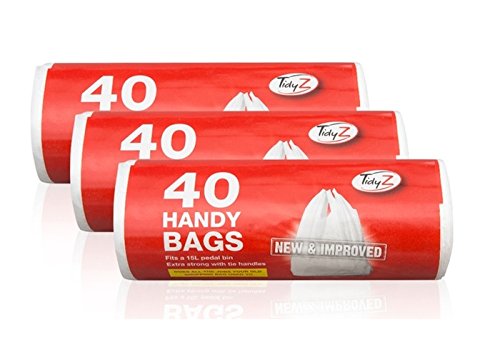 Tidyz 3 Packs Of 40 White Plastic Disposable Pedal Bin Liners - Fits 15L Bin - Extra Strong Tie Handle - 120 Bags In Total