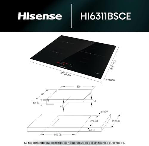 HI6311BSCE - Placa Induccion, 29 cm, Vitroceramica, 3 Fuegos, 7200W, Calentamiento Rápido Power Boost, Contol Táctil, Zona Expandible