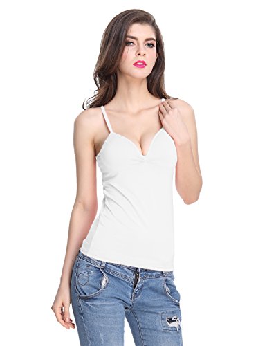 Shymay Women's V Neck Camisole with Build In Bra Padded Spaghetti Strap Tank Top, White, Tag size XL=US size Large - Thumbnail 4