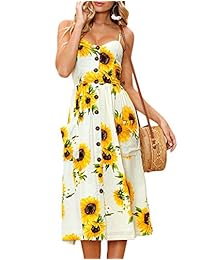 SerDa-Run - Vestido de verano para mujer, bohemio con tirantes, con botones, floral, con bolsillos, tallas S-XXXL