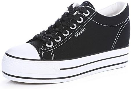 Sfnld Women's Fashion Lace Up High Top Platform Hidden Heel Sneakers Canvas Shoes Black 6 B(M) US