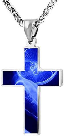 ZHJshuer Unique Blue Jellyfish Jewelry Cross Religious Enamel Pendant Necklace