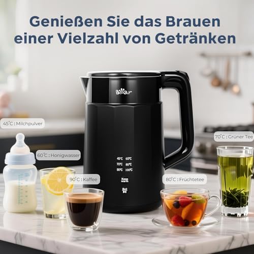 Electric Kettle 1800W-2200W 1.7L 45°C ~ 100°C Kettle with 6 Temperature Controls, Automatic Shut-Off and Keep Warm Function, 304 Stainless Steel, Dry Protection, BPA Free Smart Fast B