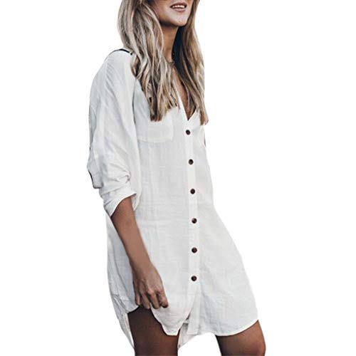 Ghazzi Women Dresses Button Down Pockets Shirt Dress Solid Tunic Long Sleeves Mini Dress Sundress Party Swing Dress