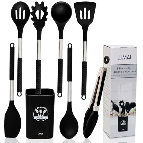 LUMAI Kit 8 Utensílios de Cozinha Grandes em Silicone Preto e Aço Inox, Resistentes ao Calor, Design Antiderrapantes e Antirriscos, Acessórios de Cozinha Espátula, Colher, Pegador, Concha e Balde