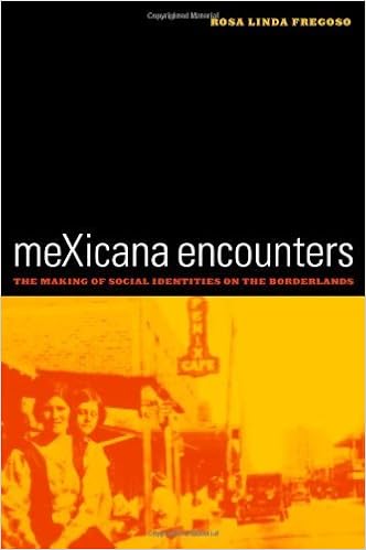 The cover of meXicana Encounters: The Making of Social Identities on the Borderlands. The title is on a black background on the top of the cover. The bottom image is yellow and orange and has two people on the left-hand side looking at the camera. 