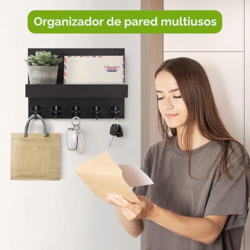 Kldgris Wooden Key Holder Wall Mounted Key Holder Wooden Key Hooks Wall Mounted Key Organizer with 5 Key Hooks for Keys Letter Newspaper (Black)