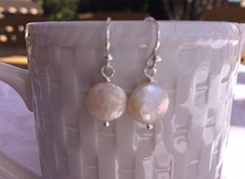 White Freshwater Coin Pearl Earrings in Sterling Silver by Vintagerelics Free Shipping