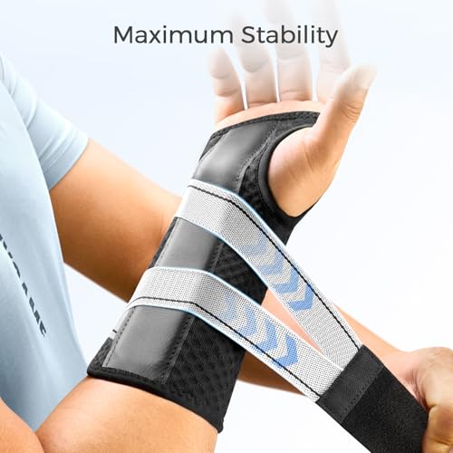 FREETOO Carpal Tunnel Wrist Brace Pro, Single-Pull Wrist Support for Sleeping with S Shape Splint, Lightweight Hand Brace for Women Men, Tendonitis, Arthritis Pain Relief, Black/Light Gray(Right,S/M)