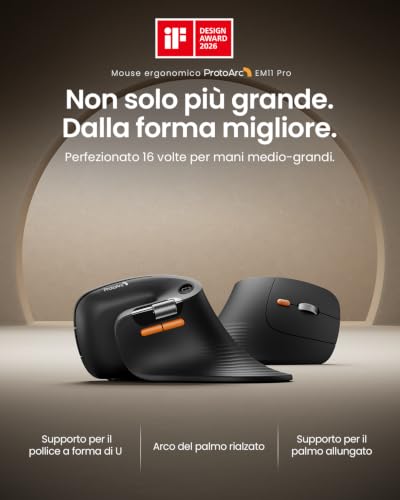 ProtoArc EM11 Pro Mouse Ergonomico Verticale con Rotella di Scorrimento Orizzontale | Pulsante Personalizzabile, 2*Bluetooth + 2,4 G Wireless, Ricaricabile, per PC da Ufficio, Mac, Windows, Linux