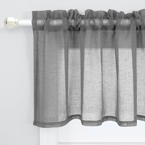 KOUFALL Gray Valances for Windows,Sheer Linen Look Valance Curtains for Kitchen Bathroom Living Room,Charcoal Dark Grey,18 Inch Length
