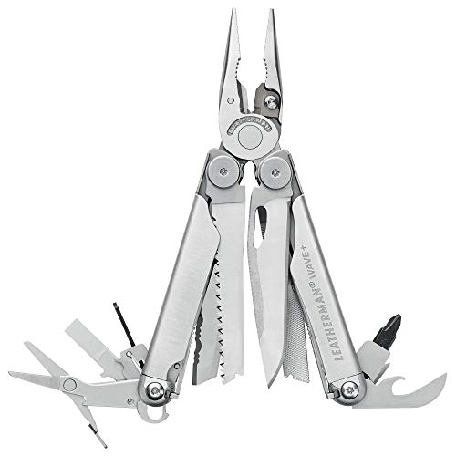 leatherman, multiherramienta wave plus con cortadores de alambre reemplazables de primera calidad, tijeras con acción de resorte y funda de nailon, fabricada en ee. uu., acero inoxidable