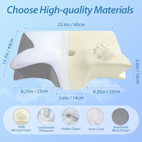 HOMCA 2-in-1 Ergonomic Neck Pillow, Memory Foam Pillow for Back, Side and Stomach Sleepers, 60 x 40 x 12/14 cm, Grey