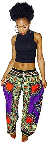 Ladies African Dashiki Drawstring Waist Trousers Boho Wide Leg Palazzo Pants XL Purple