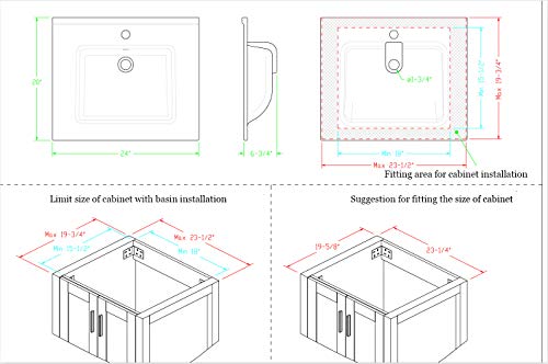 U-Eway 24" Rectangle Drop In White Bathroom Ceramic Sink Porcelain Top With Overflow Faucet Chrome 1.5 GPM Pop Up Drain Water Supply Lines EA08