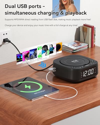 MONODEAL Portable CD Player with Wireless Charger for Phone, Portable CD Player Bluetooth and FM Radio for Home, Remote Control, Large Display, Alarm Clock, SleepTimer