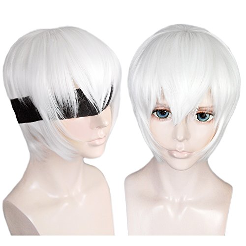 Anogol Hair Cap+Costume Cosplay Wig with Bangs Short Black Hair For Halloween