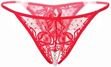 Womens Sexy Briefs,SicongHT Ladies Lace Crotchless Panties Crotch Thong With Pearls Massaging Underwear (Red)