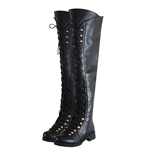 TnaIolral Outdoor Boots Women's Classic Round Toe Low-Heeled Lace-Up Western Knight Shoes (US:9, Black) - Thumbnail 2