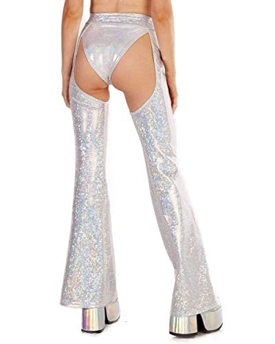 iHeartRaves Soul Sparkle Holographic High Waisted Chaps (Silver, Large) - Thumbnail 3