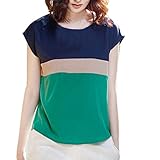 VOBAGA Womens Loose Casual Stripe Color Collision T-Shirt Tops Blouse (Asia XL=10, Green)