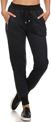 Women's Jogger Terry Lounge Long Jersey Pant Drawstring Elastic Camo Sweat Pants (Large/X-Large, Navy Dots)