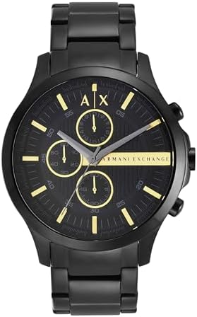 Relojes de hombre, Movimiento de cuarzo cronógrafo y caja de 46 mm con correa de acero inoxidable, Negro azabache