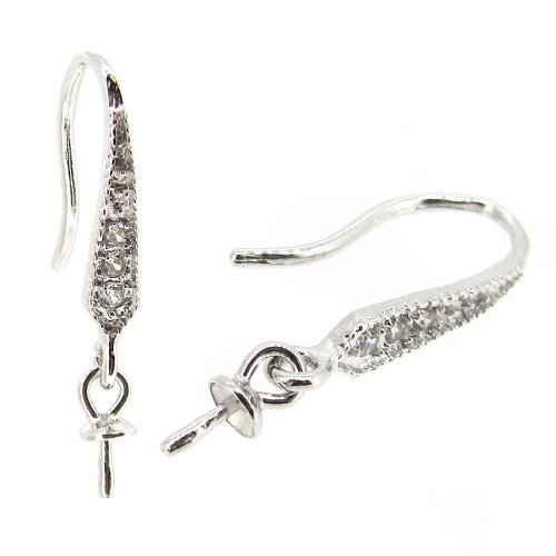 2 pcs Rhodium on .925 Sterling Silver Cz Crystal Earring Connector French Hook Earwires w/3mm Pearl Cup f/Half Drilled Pearl/Stone/Findings/Bright