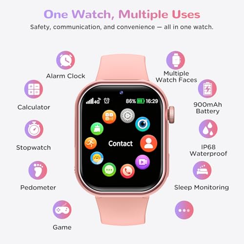 Velmood 4G Smart Watch for Girls, Smartwatch for Girls with GPS and Calls, Video Calls, Voice Chat, SOS, School Mode, Pedometer, Sleep, Alarm Clock IP68 for Girls Boys Pink