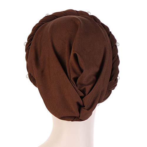 Fxhixiy Women Hijab Beading Pearl Braid Turban Hat Head Scarf Cancer Chemo Beanies Bandana Headwrap Cap (Brown)