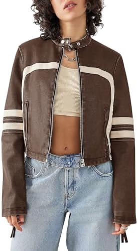 VOIKERDR Faux Leather Jacket Women Zip Up Motorcycle Cropped