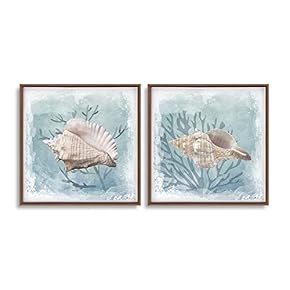 2 Piece Framed Canvas Wall Art for Living Room, Bedroom Conch Theme Canvas Prints for Home Decoration Ready to Hang - 16"x16"x2 Panels