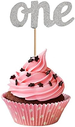 KAZIPA 50PCS One Birthday Picks, One Cupcake Toppers for First Birthday Party, Baby Shower Decoration, DIY Party Favors -Silver