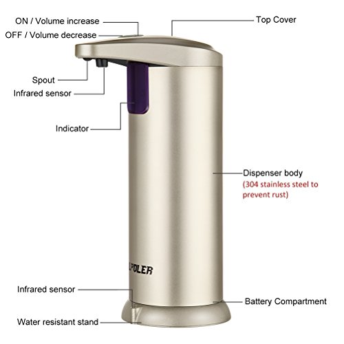 LPOLER Soap Dispensers, 280ML Automatic Touchless Stainless Steel Soap Dispensers Lotion Dispensers, IR Infrared Motion Sensor Hand Free Dish Soap for Kitchen and Bathroom [Upgraded] - Thumbnail 5