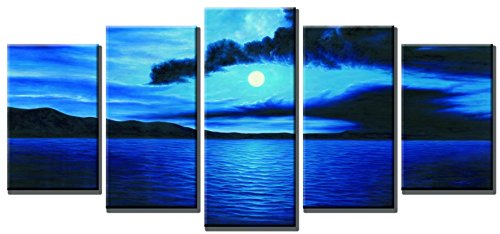 Wieco Art - Dark Blue Ocean White Sun Modern 5 Piece Wrapped Giclee Canvas Prints Contemporary Seascape Artwork Beach Pictures Paintings on Canvas Wall Art for Living Room Bedroom Home Decorations