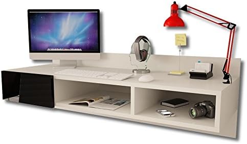 New 2017! Modern Floating Wall Mounted Desk with Gloss Drawer (White Matt + Black Gloss)