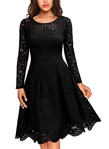 MISSMAY Women's Vintage Floral Lace Scoop Neck Cocktail Party Fit and Flare Dress, Large, Black